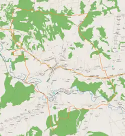 Mapa konturowa Jordanowa, po lewej nieco u góry znajduje się punkt z opisem „Munkacz”