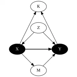 Ilustracja przedstawia graf zawierający przyczynę, skutek, mediator, zmienną zakłócającą i collider.