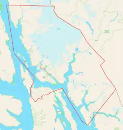 Mapa konturowa Juneau, w centrum znajduje się punkt z opisem „Cerkiew św. Mikołaja”