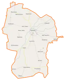 Mapa konturowa gminy Jutrosin, w centrum znajduje się punkt z opisem „Szymonki”