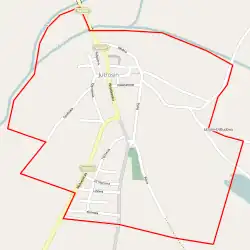 Mapa konturowa Jutrosina, u góry znajduje się punkt z opisem „Parafia św. Elżbiety”