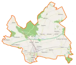 Mapa konturowa gminy Kępno, blisko centrum na dole znajduje się punkt z opisem „Hanulin”