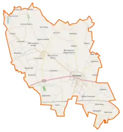 Mapa konturowa gminy Kłodawa, na dole znajduje się punkt z opisem „Pomarzany Fabryczne”