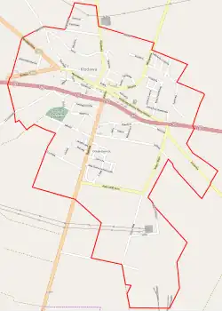 Mapa konturowa Kłodawy, blisko centrum na prawo u góry znajduje się punkt z opisem „Kościół Wniebowzięcia Najświętszej Maryi Panny w Kłodawie”