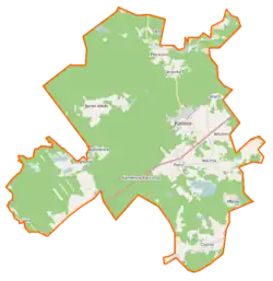 Mapa konturowa gminy Kaliska, blisko centrum na dole znajduje się punkt z opisem „Kamienna Karczma”