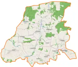 Mapa konturowa gminy Kamiennik, na dole znajduje się punkt z opisem „Goworowice”