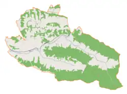 Mapa konturowa gminy Kamionka Wielka, u góry po lewej znajduje się punkt z opisem „Mystków”