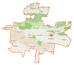 Mapa konturowa gminy Kampinos, u góry nieco na lewo znajduje się punkt z opisem „Bromierzyk”