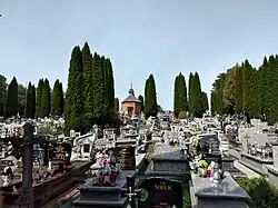 Cmentarz parafialny z zabytkową kaplicą w tle