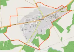 Mapa konturowa Kargowej, blisko centrum na lewo znajduje się punkt z opisem „Parafia św. Wojciecha w Kargowej”