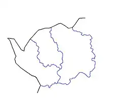Mapa konturowa kraju karlowarskiego, po lewej nieco na dole znajduje się punkt z opisem „Cheb”