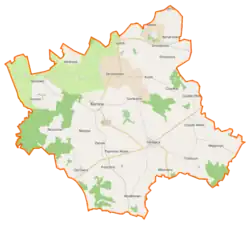 Mapa konturowa gminy Karnice, blisko centrum u góry znajduje się punkt z opisem „Skrobotowo”