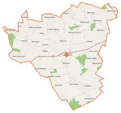 Mapa konturowa gminy Karniewo, w centrum znajduje się punkt z opisem „Karniewo”