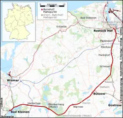 Mapa przebiegu linii kolejowej Bad Kleinen–Bützow: 1122, Bützow–Rostock: 6446