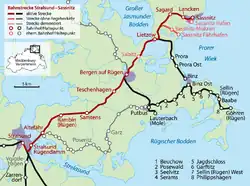Mapa przebiegu linii kolejowej 6321 Stralsund–Sassnitz, 6777 Sassnitz–Sassnitz Hafen, 6954 Borchtitz–Mukran