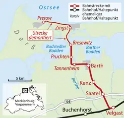 Mapa przebiegu linii kolejowej 6778 (Velgast–Barth)6779 (Barth–Prerow)