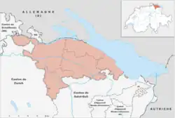 Mapa konturowa Turgowii, w centrum znajduje się punkt z opisem „Amriswil”