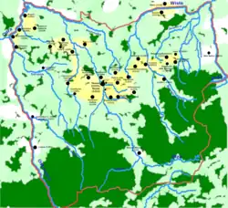 Mapa przedstawiająca osadnictwo na obszarze kasztelanii cieszyńskiej