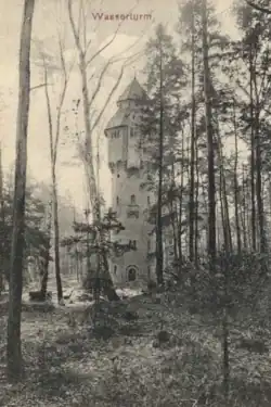 Czarnobiała pocztówka. Za drzewami jest widoczna wieża ciśnień.