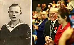 Młody mat Kazimierz Stefankiewicz w mundurze PMW oraz weteran udekorowany Krzyżem Orderu Odrodzenia Polski