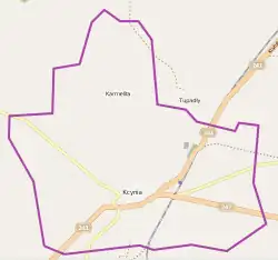 Mapa konturowa Kcyni, na dole znajduje się punkt z opisem „Parafia Wniebowzięcia Najświętszej Maryi Panny”