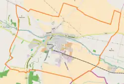 Mapa konturowa Kietrza, blisko dolnej krawiędzi nieco na prawo znajduje się punkt z opisem „Przejście graniczneKietrz-Třebom”