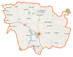 Mapa konturowa gminy Kikół, blisko centrum po lewej na dole znajduje się punkt z opisem „Sumin”