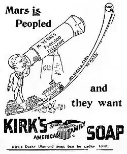 Rysunek czarno-biały. Postać spogląda przez teleskop. Hasło reklamowe: Mars is peopled and they want Kirk's soap.