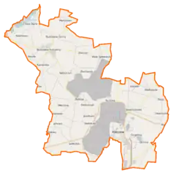 Mapa konturowa gminy Kleczew, na dole nieco na prawo znajduje się punkt z opisem „Kleczew”