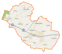 Mapa konturowa gminy Kleszczewo, po lewej nieco u góry znajduje się punkt z opisem „Tulce”