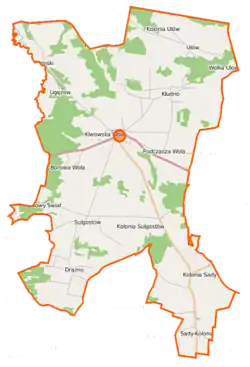 Mapa konturowa gminy Klwów, blisko centrum u góry znajduje się punkt z opisem „Klwów”