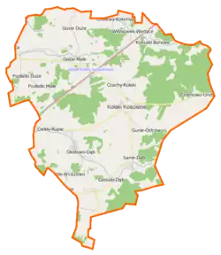 Mapa konturowa gminy Kołaki Kościelne, po prawej nieco u góry znajduje się punkt z opisem „Czarnowo-Undy”