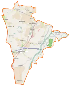 Mapa konturowa gminy Kołbaskowo, u góry znajduje się punkt z opisem „Warzymice”