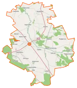 Mapa konturowa gminy Kołbiel, po lewej znajduje się punkt z opisem „Skorupy”