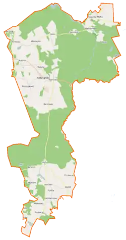 Mapa konturowa gminy Kołczygłowy, po lewej nieco na dole znajduje się punkt z opisem „Barkocin”