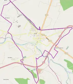 Mapa konturowa Koła, w centrum znajduje się punkt z opisem „Getto w Kole”