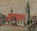 Fragment ryciny F.B Wernera przedstawiający kościół w XVIII wieku
