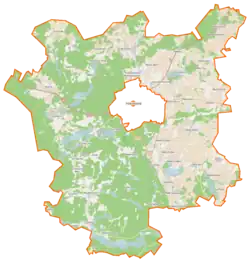 Mapa konturowa gminy wiejskiej Kościerzyna, na dole po lewej znajduje się punkt z opisem „Loryniec”