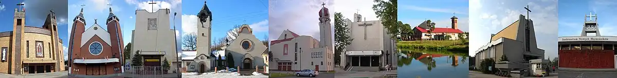 Niektóre współczesne kościoły bydgoskie: Chrystusa Króla, Matki Bożej Fatimskiej, NMP Matki Kościoła, Przemienienia Pańskiego, św. Jadwigi Królowej, św. Krzyża, NMP z Góry Karmel, Zmartwychwstania Pańskiego, Świętych Polskich Braci Męczenników.