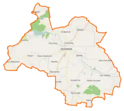 Mapa konturowa gminy Koźminek, w centrum znajduje się punkt z opisem „Koźminek”