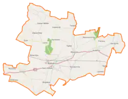 Mapa konturowa gminy Kobylin, blisko centrum u góry znajduje się punkt z opisem „Starkówiec”