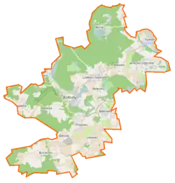 Mapa konturowa gminy Kolbudy, w centrum znajduje się punkt z opisem „Kolbudy”