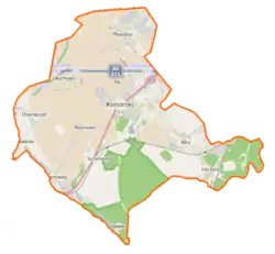 Mapa konturowa gminy Komorniki, blisko centrum u góry znajduje się punkt z opisem „Eurocash”