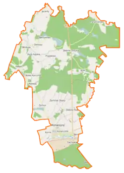 Mapa konturowa gminy Konarzyny, blisko centrum po lewej na dole znajduje się punkt z opisem „Żychce”