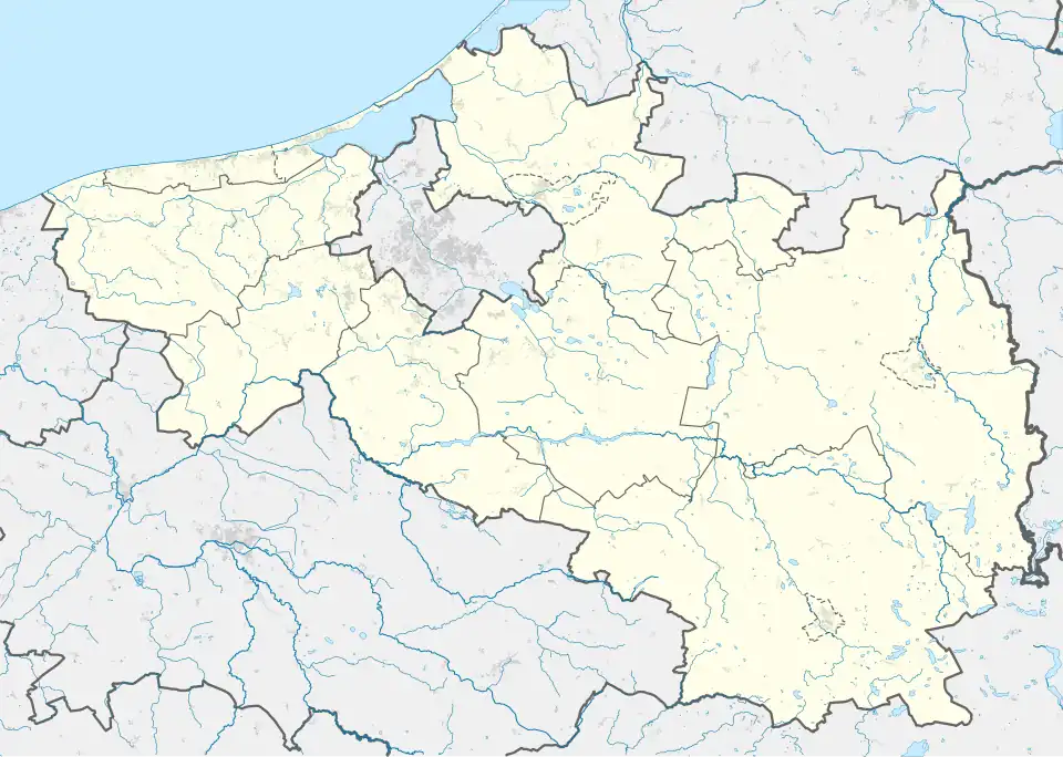 Mapa konturowa powiatu koszalińskiego, na dole po prawej znajduje się punkt z opisem „Bobolice”