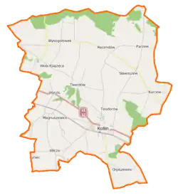 Mapa konturowa gminy Kotlin, po lewej znajduje się punkt z opisem „Magnuszewice”