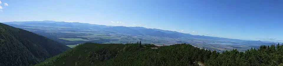 Goły Wierch z rozdrożem szlaków turystycznych i widok na Kotlinę Liptowską i Niżne Tatry