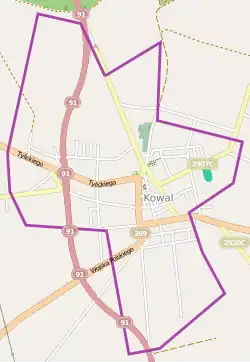 Mapa konturowa Kowala, po prawej znajduje się punkt z opisem „Cmentarz żydowski w Kowalu”