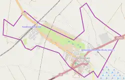 Mapa konturowa Kowalewa Pomorskiego, po prawej nieco na dole znajduje się punkt z opisem „Kowalewo Pomorskie Miasto”
