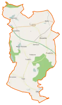 Mapa konturowa gminy Kozielice, na dole nieco na lewo znajduje się punkt z opisem „Tetyń”